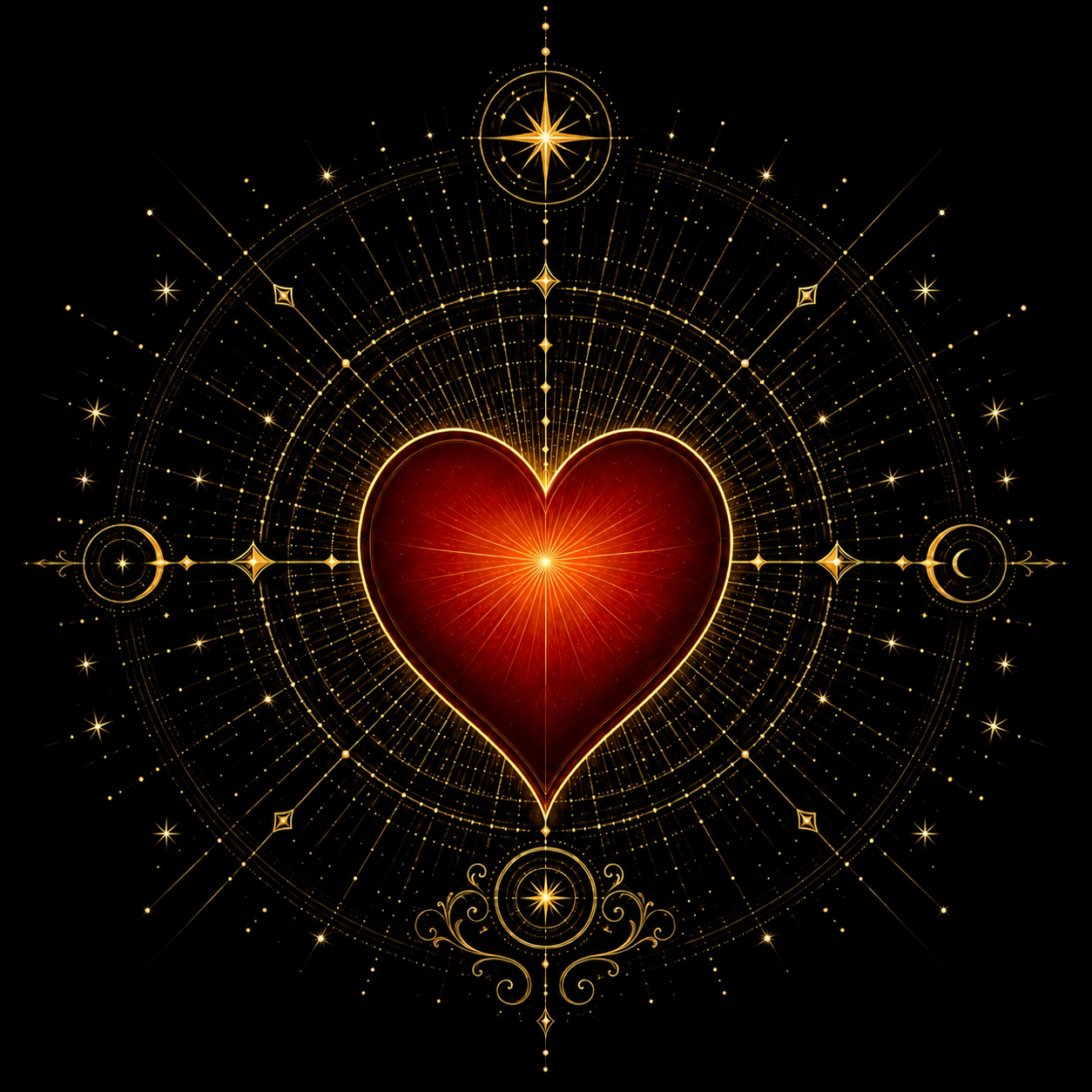 A radiant red heart outlined in gold